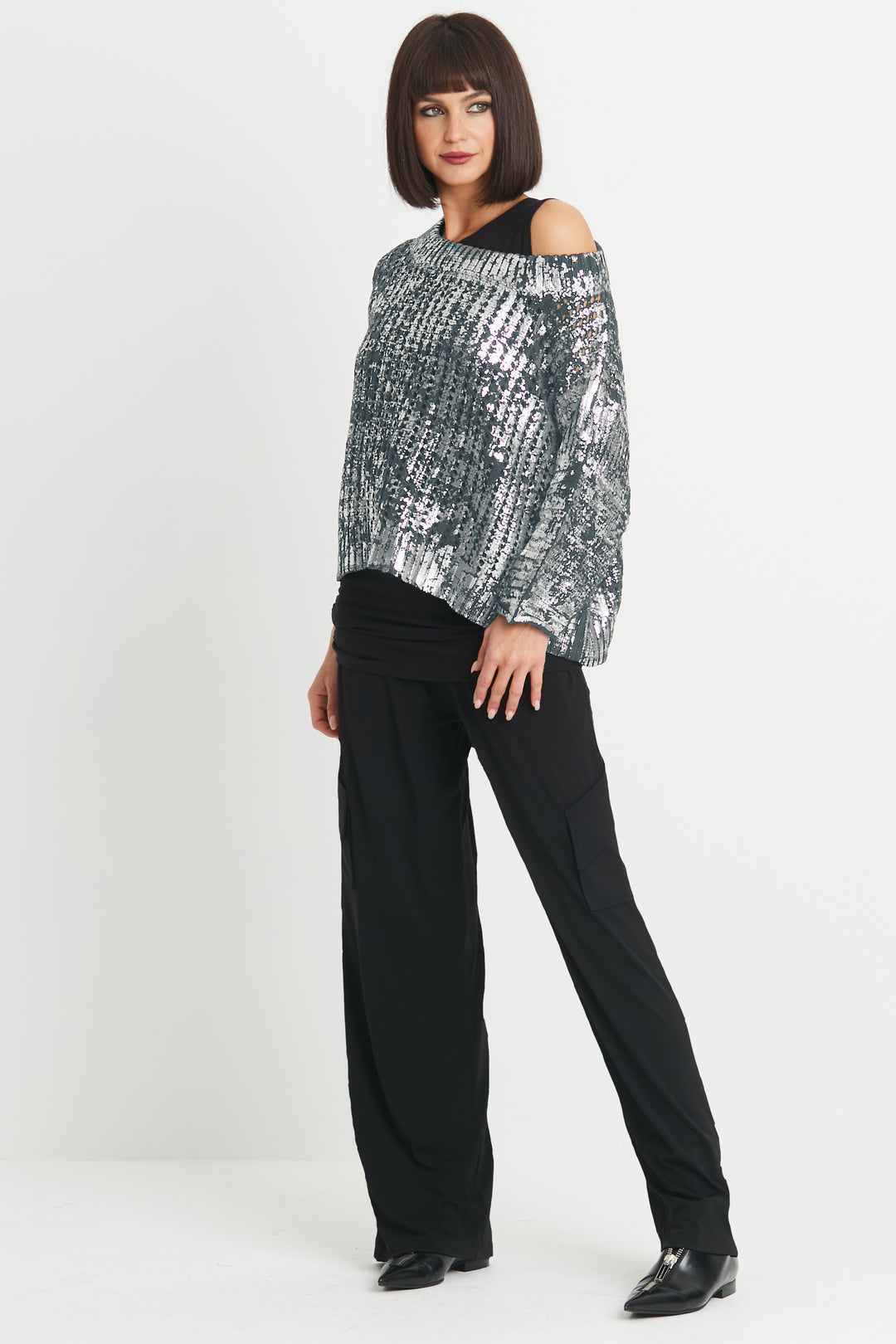 【2plan】Wind net knit Pima Cotton Metallic Crochet Boatneck Sweater Vapor/Silver