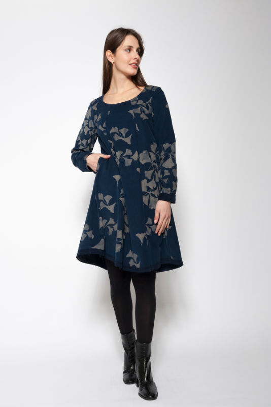 Needlecord Branches Print A-line Dress in Navy