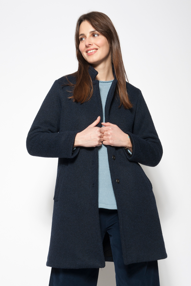 Boiled Wool Midi Coat in Navy