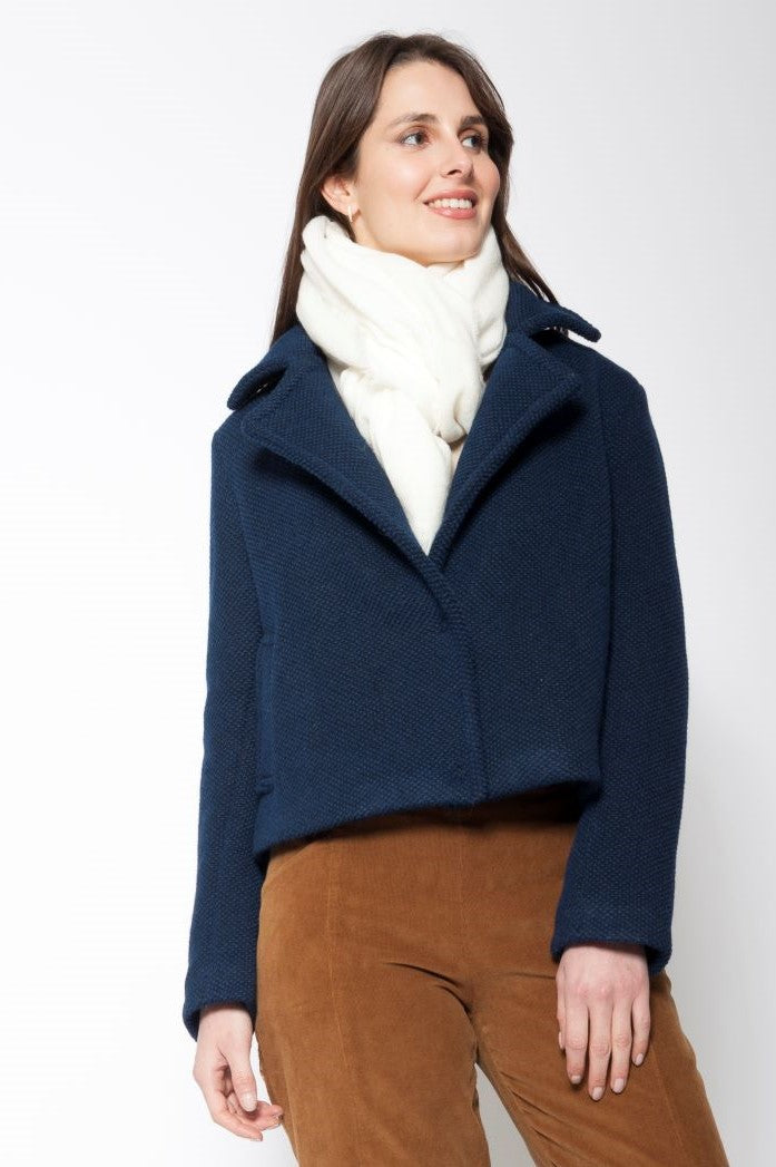 Boiled Wool Boxy Jacket in Navy