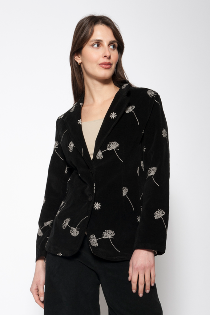 Dandelion Embroidered Cord Blazer in Black