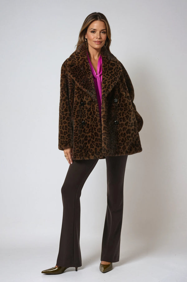 Faux Fur Leopard Print Double-Breasted Coat