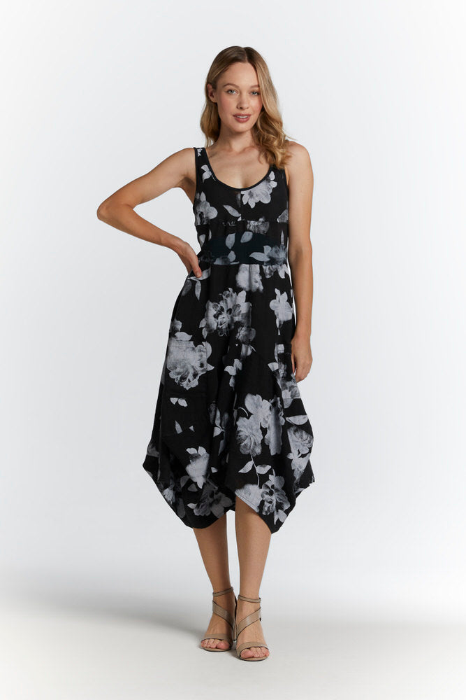 Linen Pocket Dress Black White