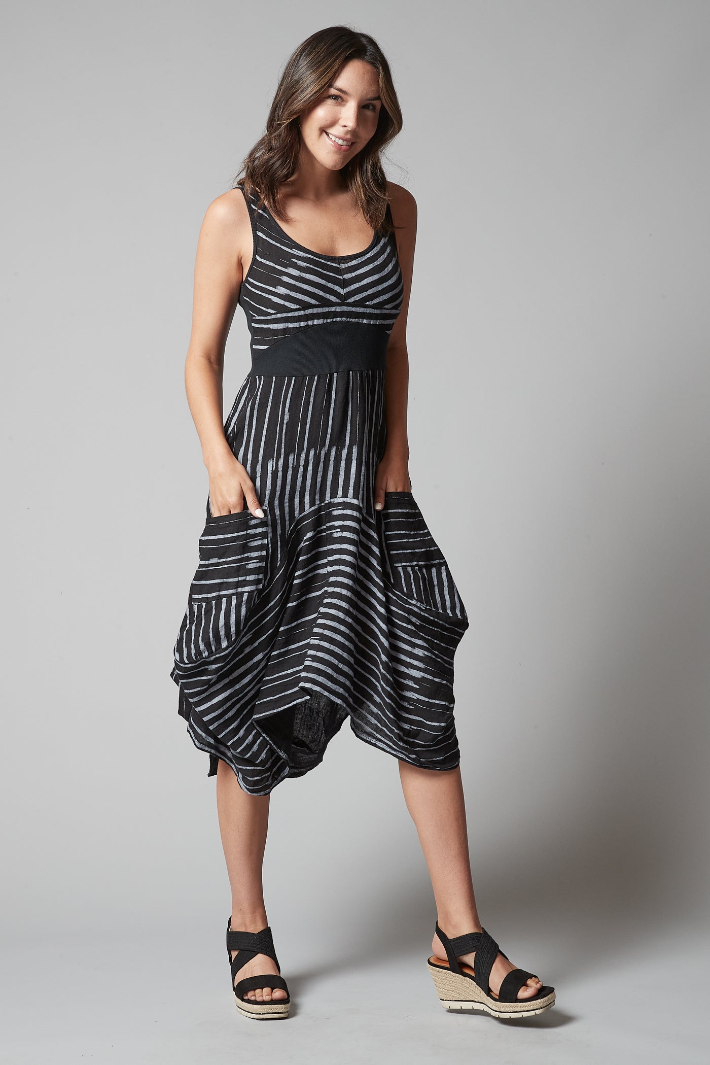 Linen Pocket Dress Black & White Stripe