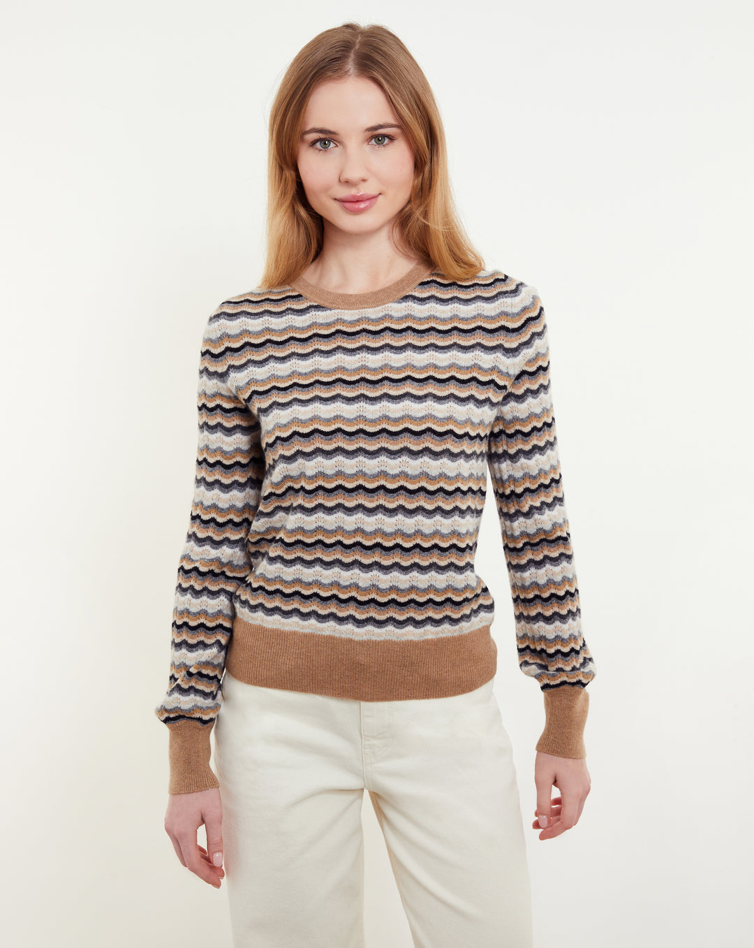 Cassie Wave Stitch Crew Sweater in Almond Multi