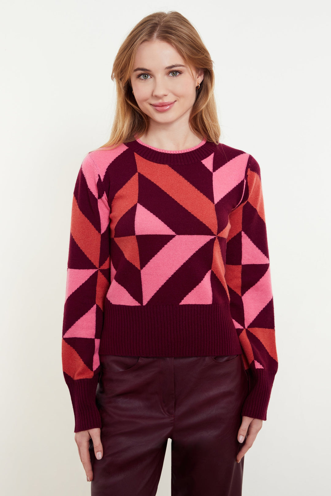 Gabby Geo Crew Sweater in Barolo
