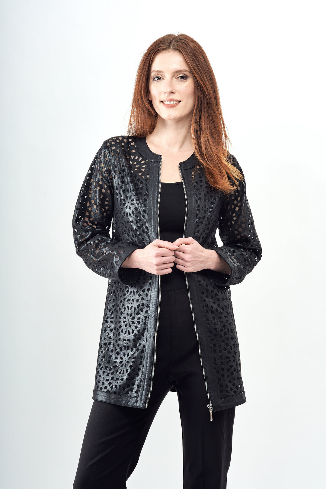 Vegan Leather Laser Cut 3/4 Jacket Black
