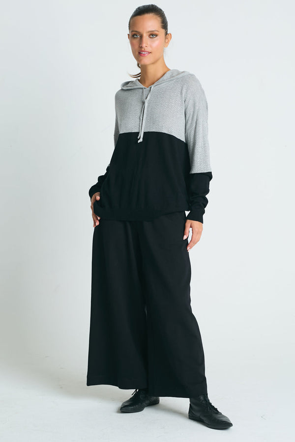 Pima Cotton 2 Tone Pointelle Hoodie Black/Heather