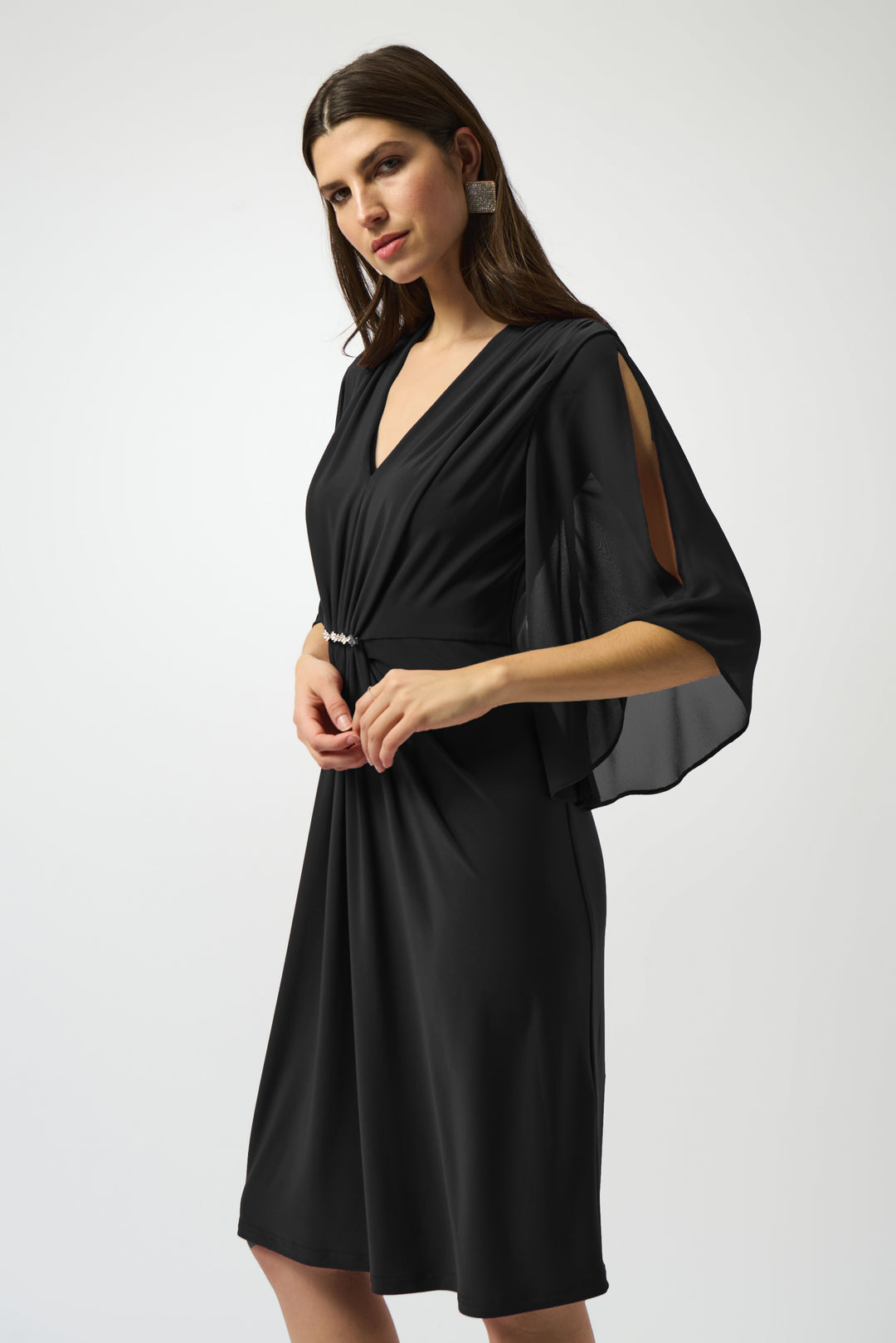 Silky Knit & Chiffon Sheath Dress Black