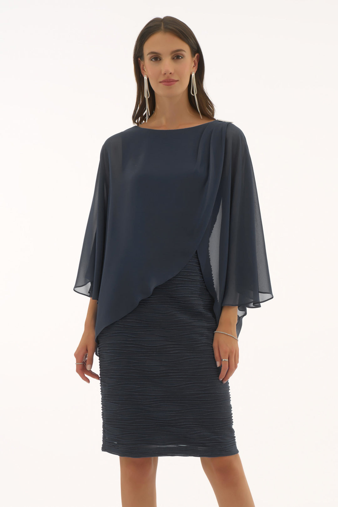 Cascade and Chiffon Sheath Dress Midnight Blue