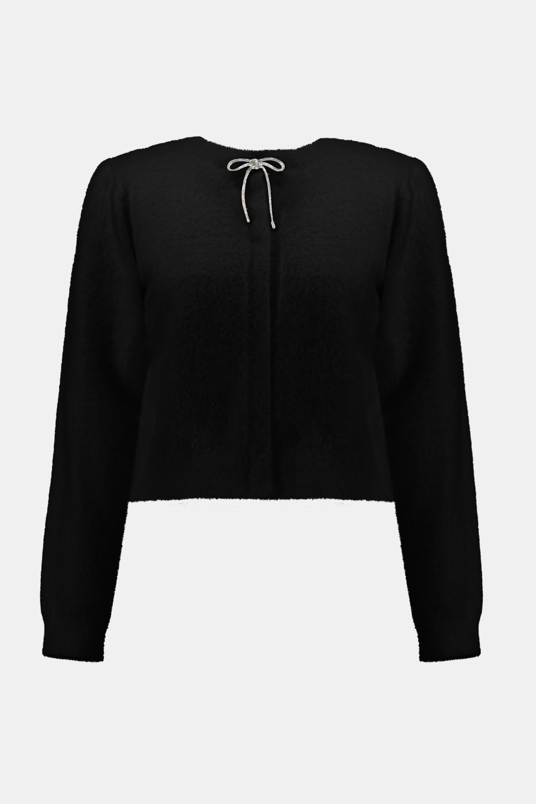 Feather Yarn Cardigan with Rhinestone Bow Black