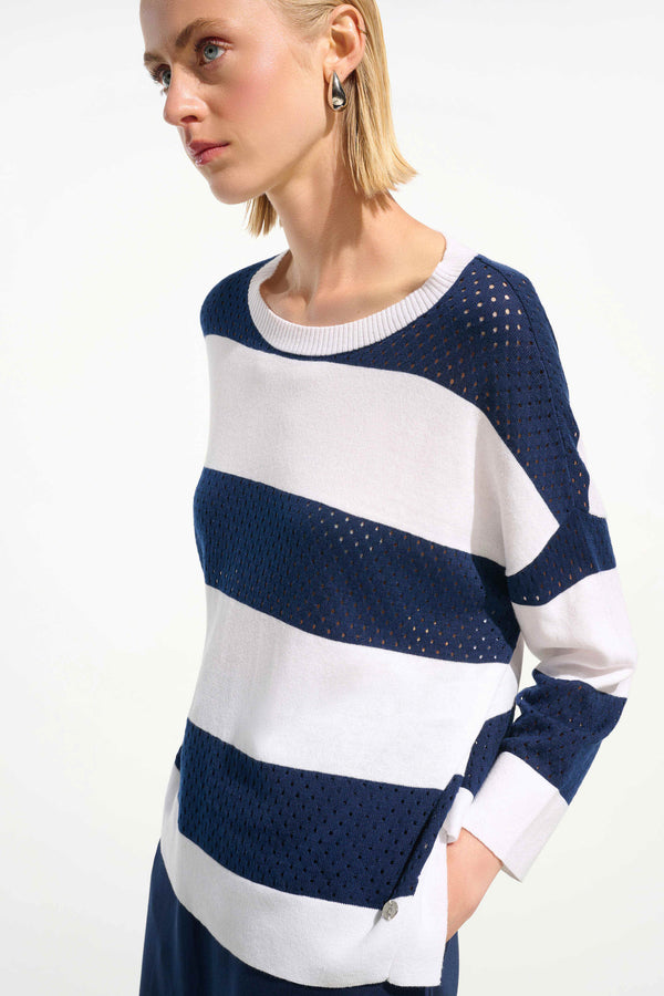 Cotton Blend Stripe Print Crewneck Sweater