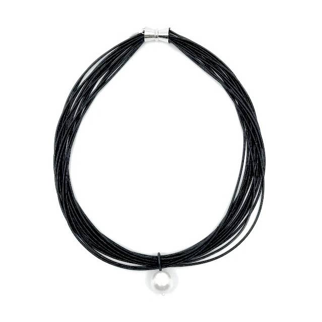 Black Piano Wire with White Mop Pearl Drop Necklace