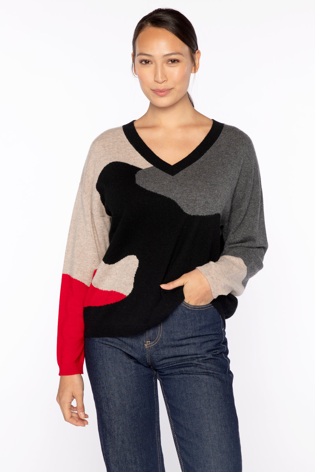 Intarsia Easy V-Neck Sweater Black Multi