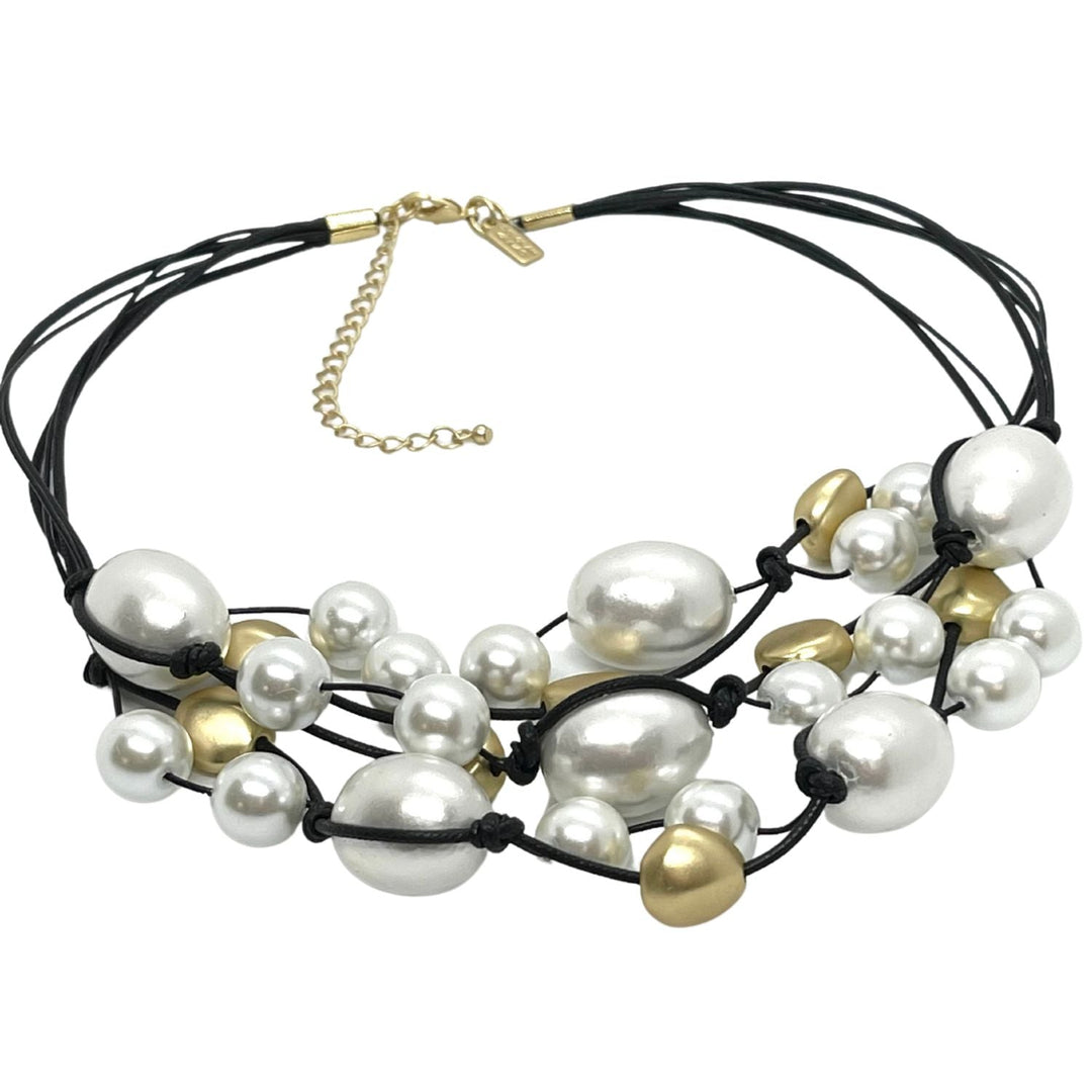 Cotton Pearl and Glass Pearl Torsade on Black Linen and Leather
