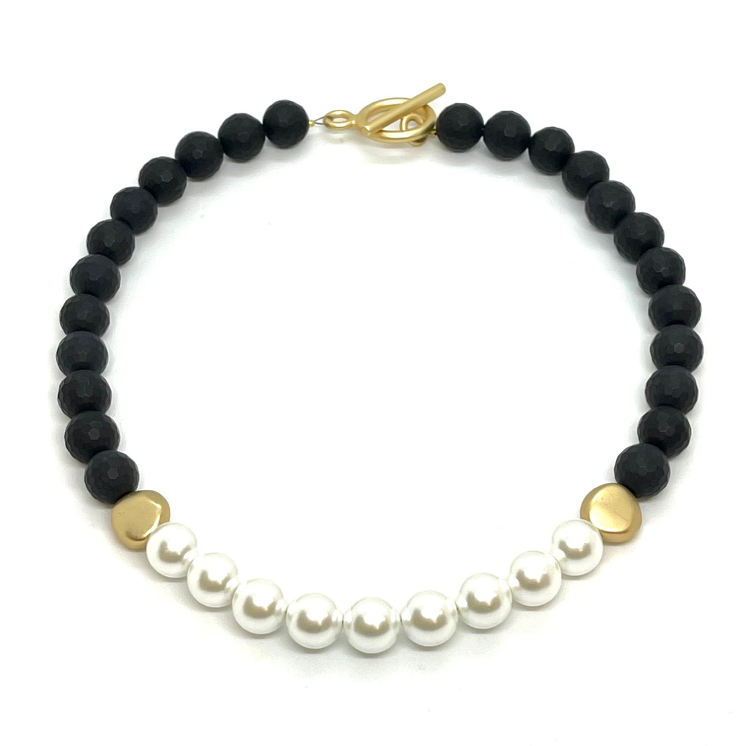 Black Onyx Necklace with Front Glass Pearl and Gold Bead Accents