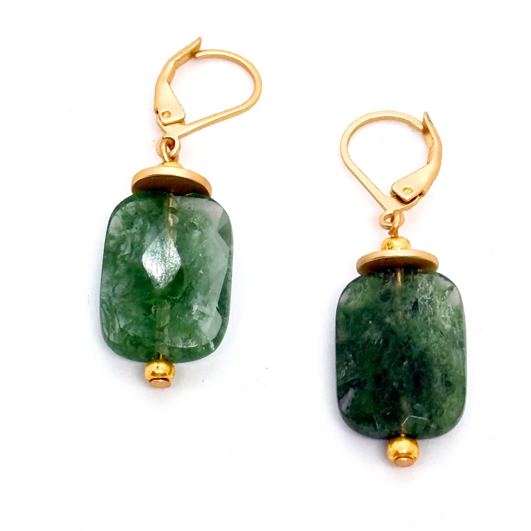 Green Moss Agate Matte Gold Leverback Earrings