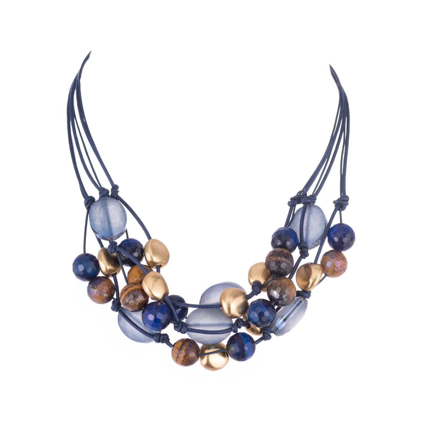 Matte Blue Crystal, Tiger Eye and Matte Gold Necklace