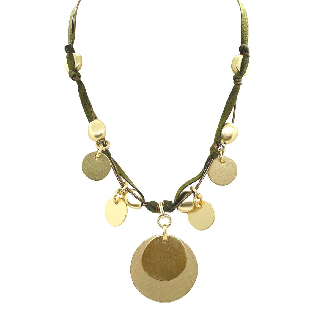 Matte Gold Coin Charm Olive Suede Necklace