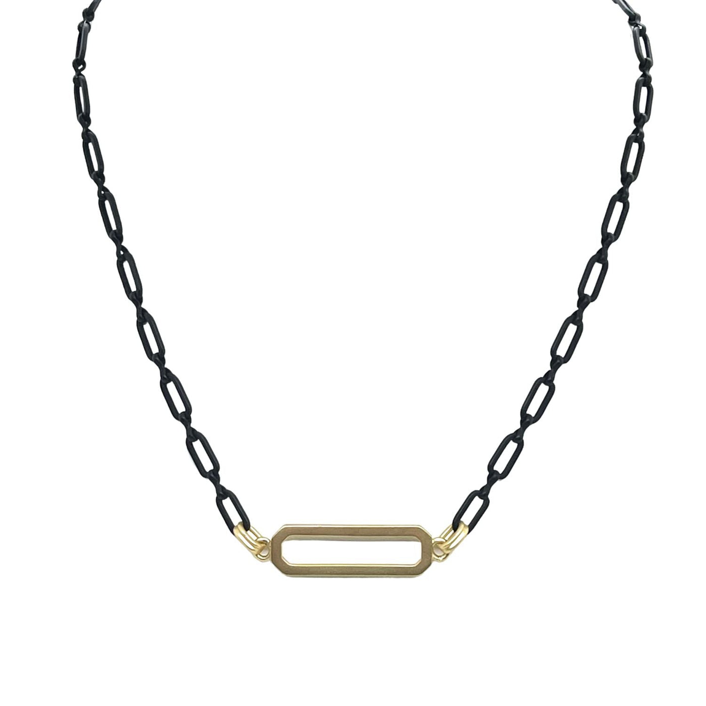 Matte Black Paperclip Chain Necklace With Gold Paperclip Pendant