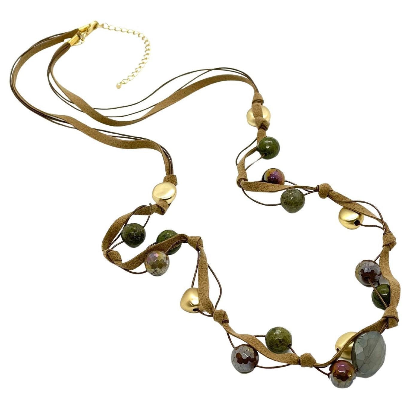 Olive And Tiger Eye Matte Gold Nugget Bronze Suede Layer Necklace