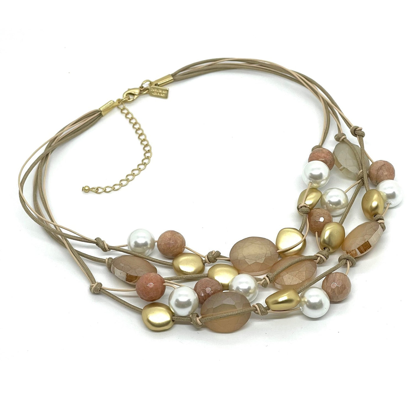Peach Matte Crystal And Glass Pearl And Moonstone Torsade Necklace