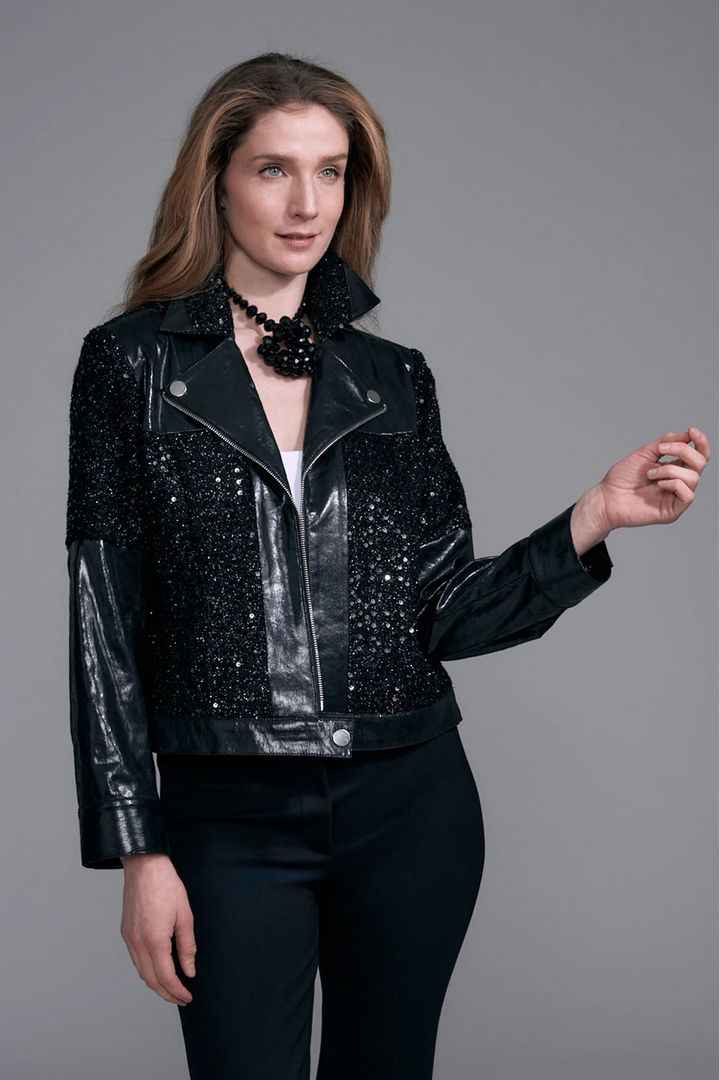 Keke Sequin &amp; Vegan Leather Jacket Black