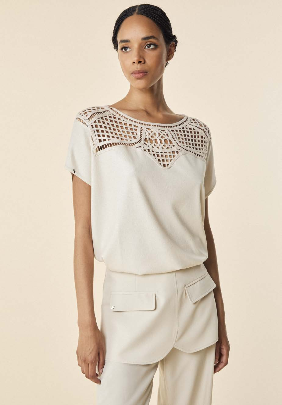 Embroidered Cap Sleeve Top Ecru