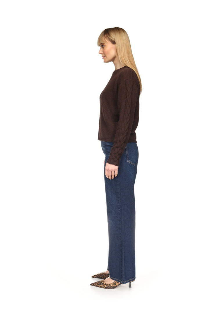 Cable Sleeve Crew Sweater Brown