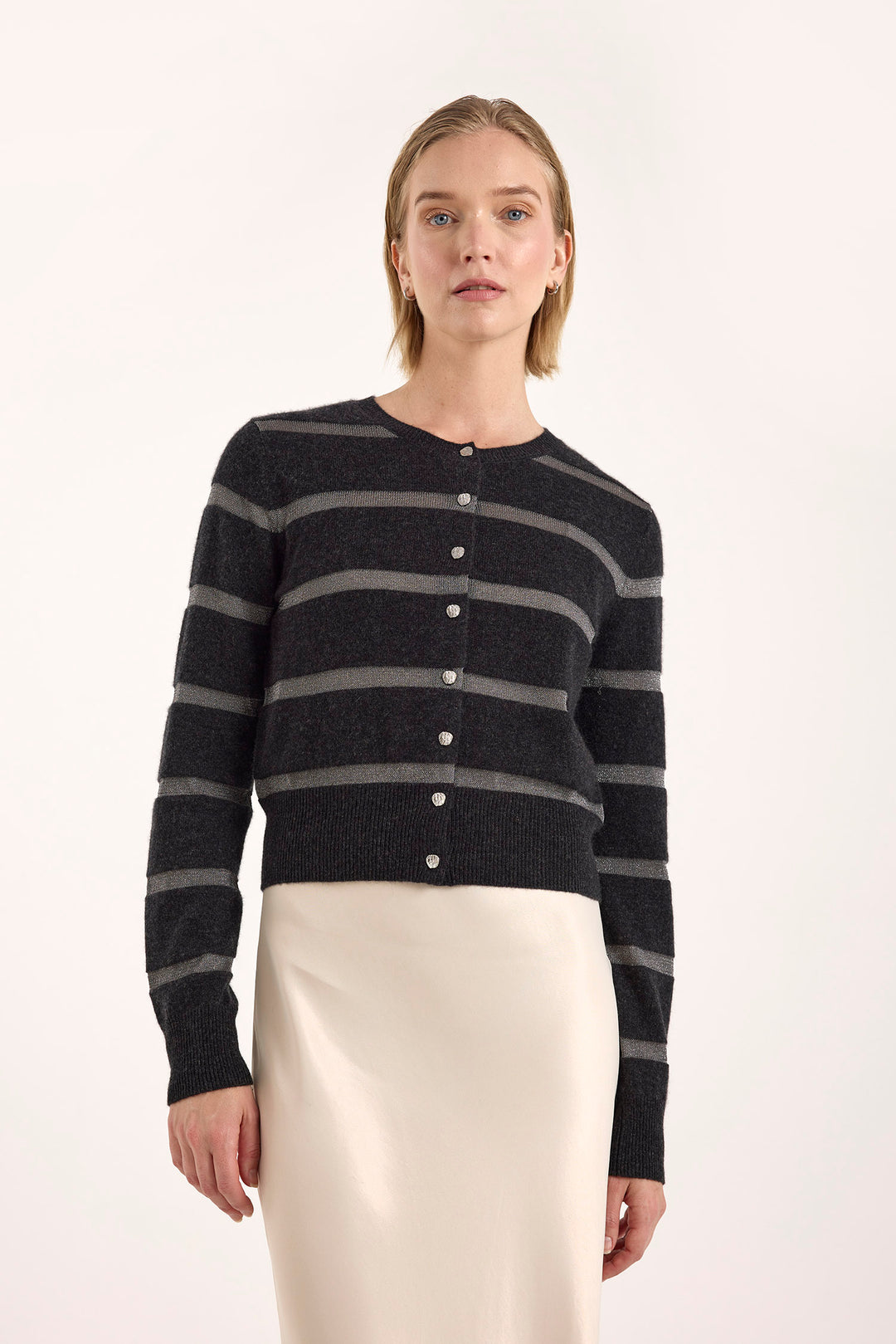 Simone Lurex Stripe Cardigan Charcoal Gray Stripe