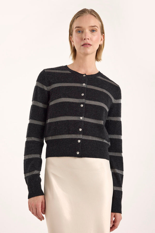 Simone Lurex Stripe Cardigan Charcoal Gray Stripe