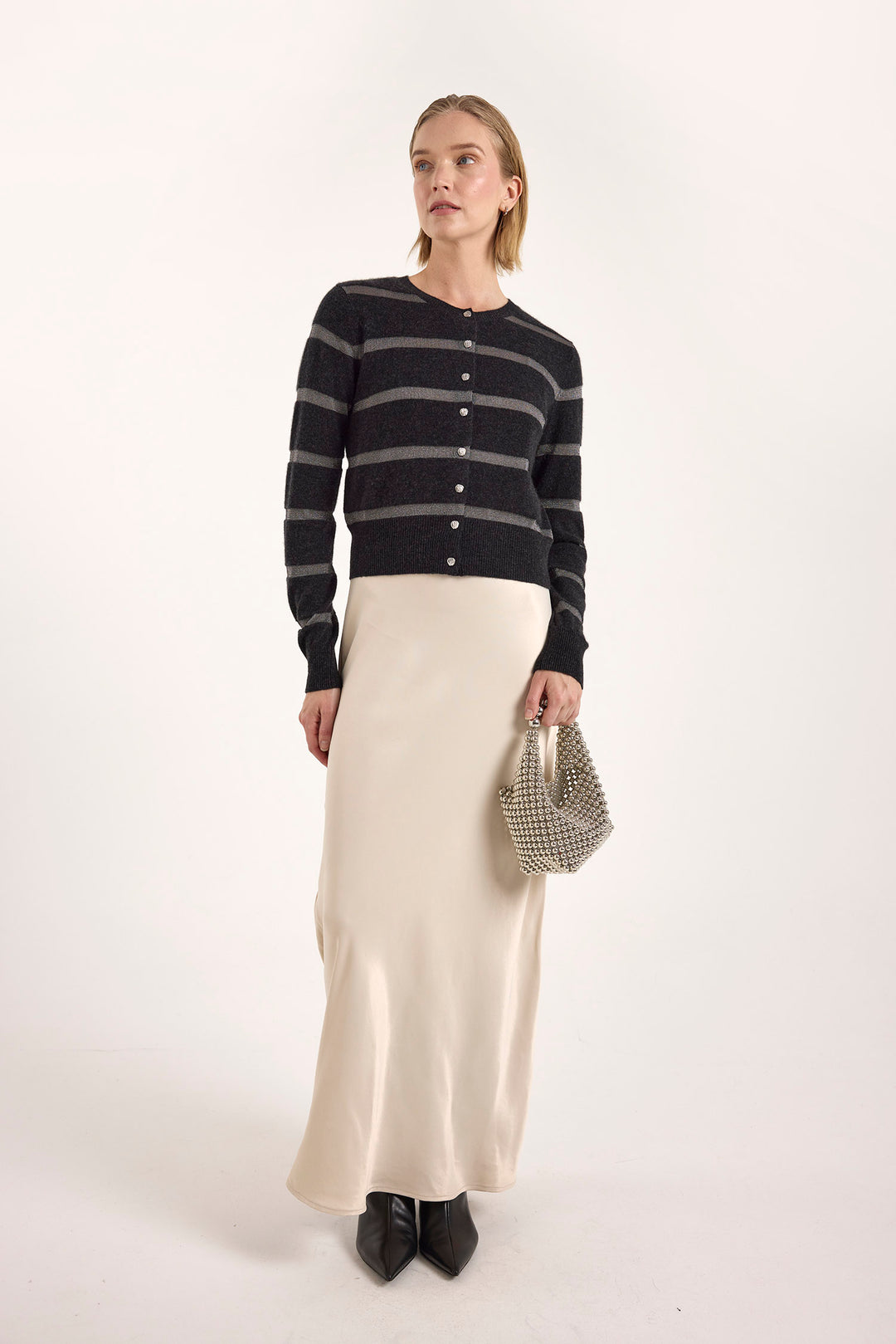 Simone Lurex Stripe Cardigan Charcoal Gray Stripe