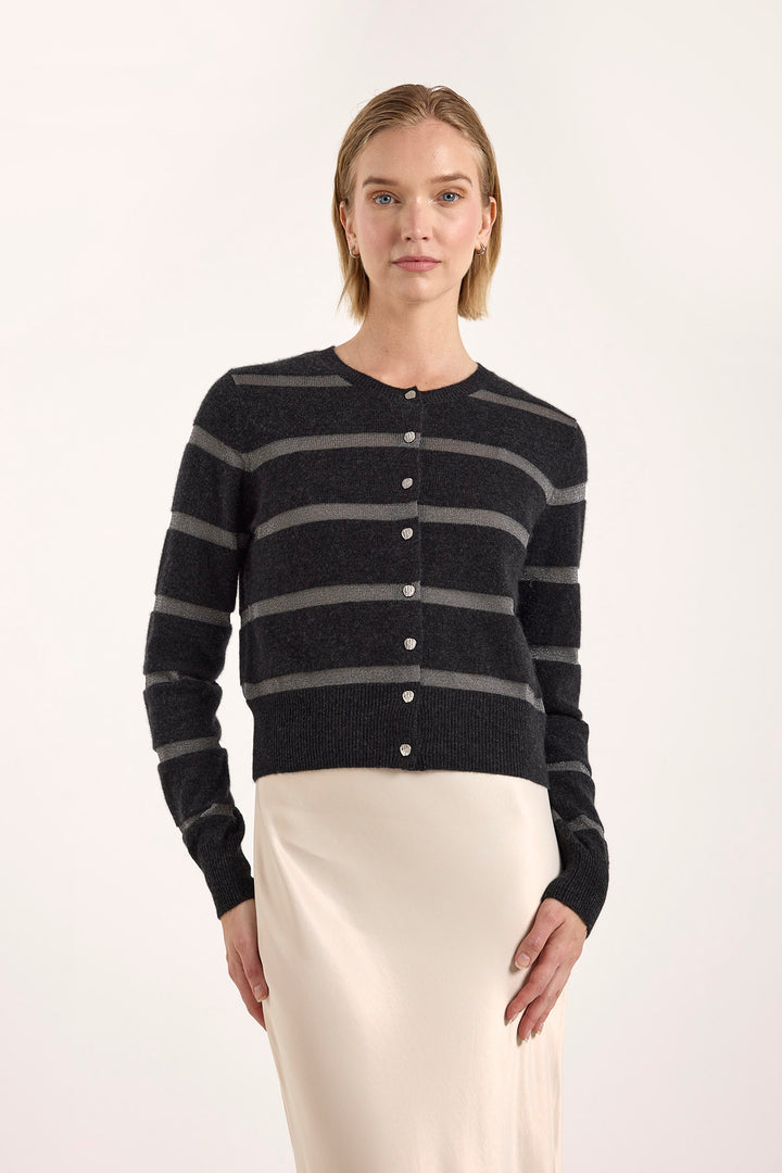 Simone Lurex Stripe Cardigan Charcoal Gray Stripe