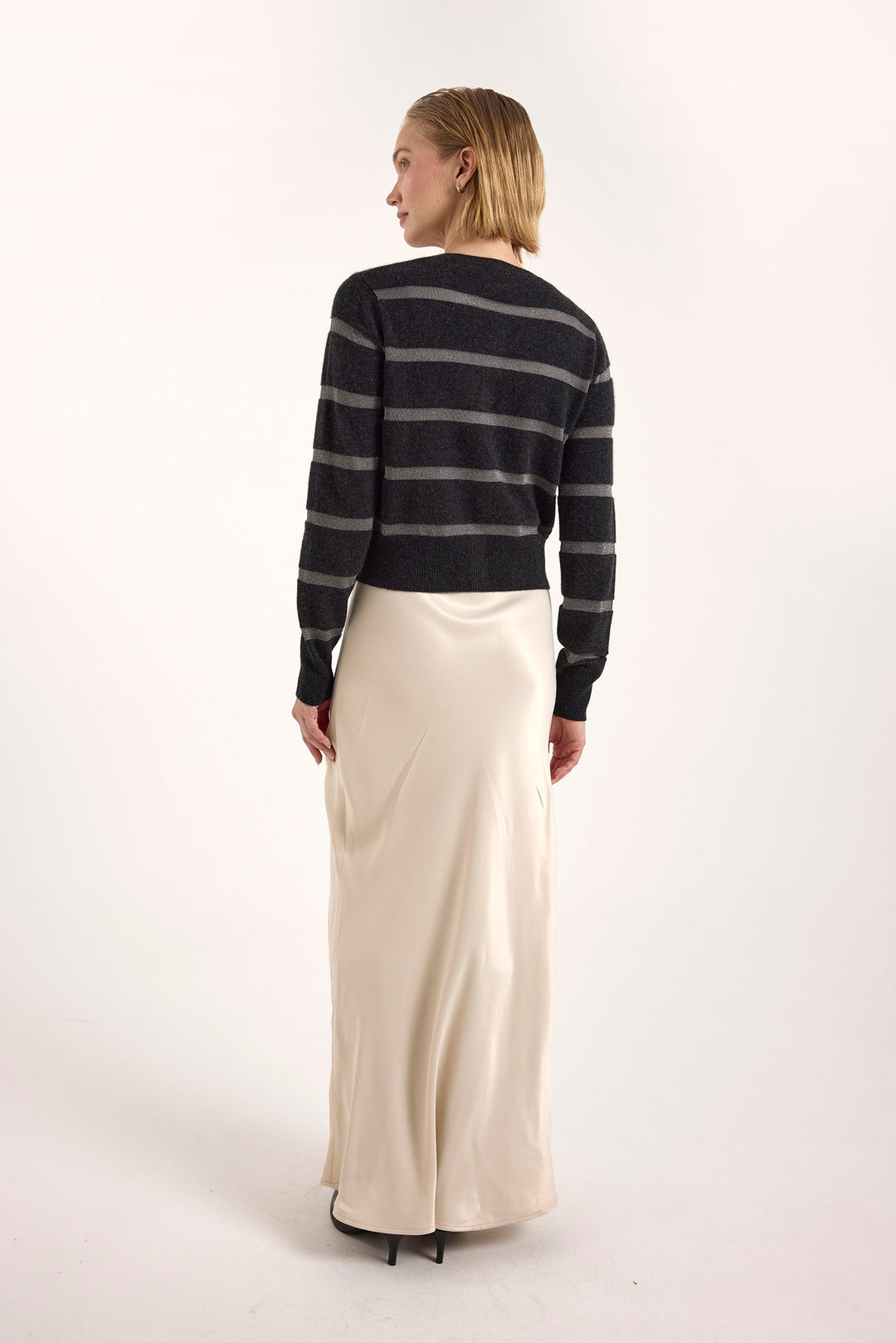 Simone Lurex Stripe Cardigan Charcoal Gray Stripe