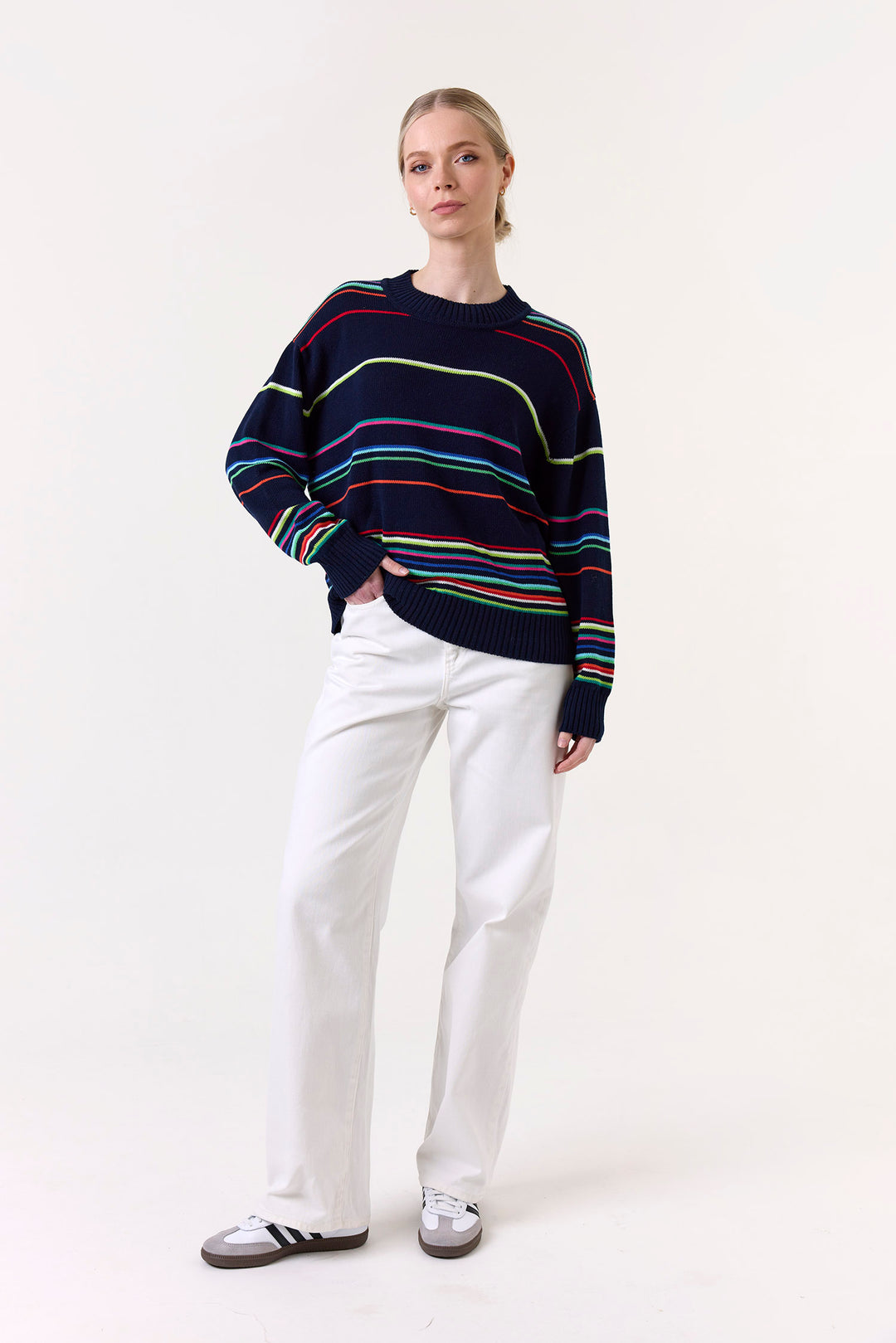 Raya Rainbow Stripe Crew in Navy