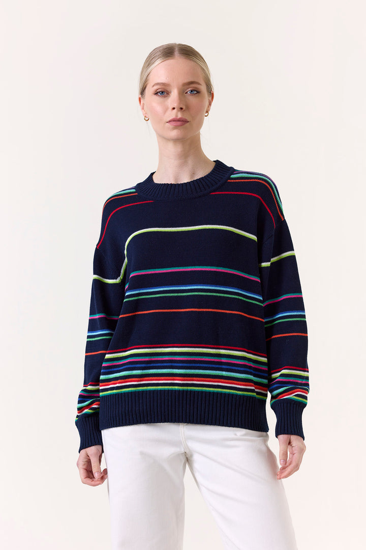 Raya Rainbow Stripe Crew in Navy