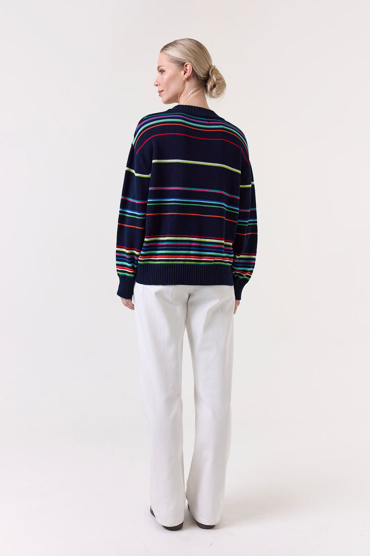 Raya Rainbow Stripe Crew in Navy