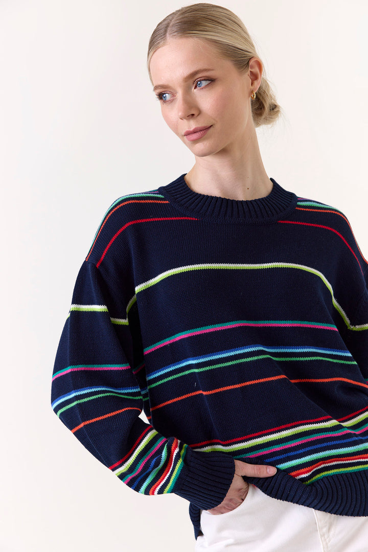 Raya Rainbow Stripe Crew in Navy