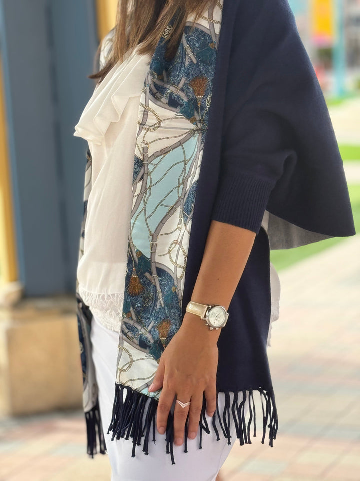 Cozy Sweater Wrap / Navy / Teal Tassel