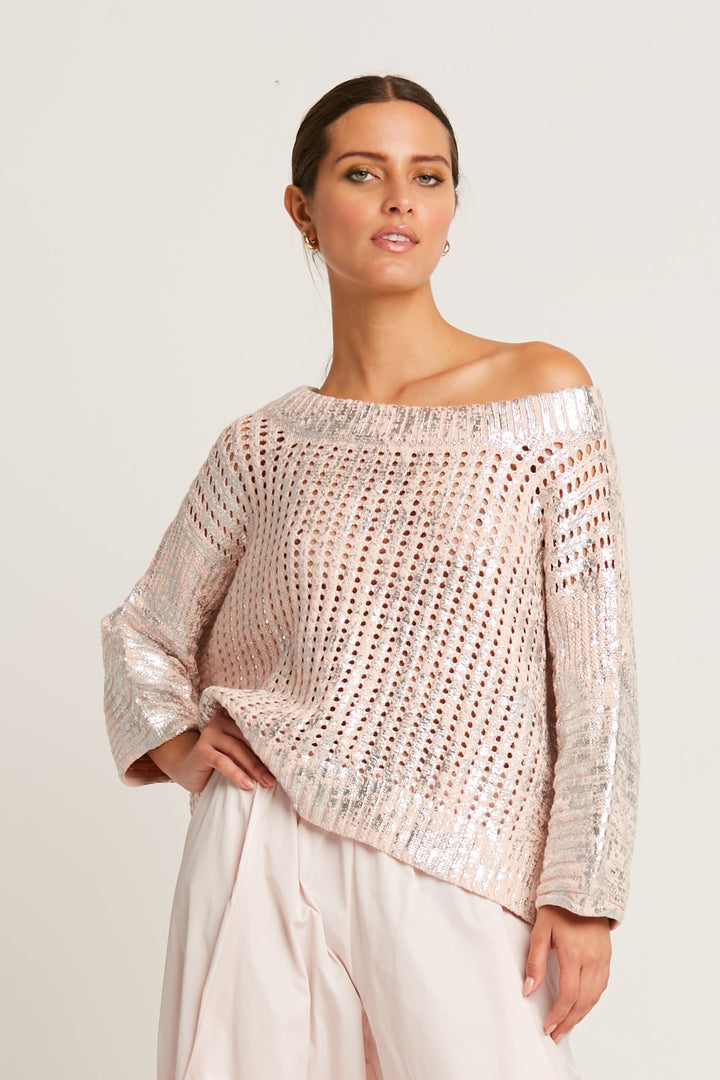 Pima Cotton Metallic Crochet Sweater Blush