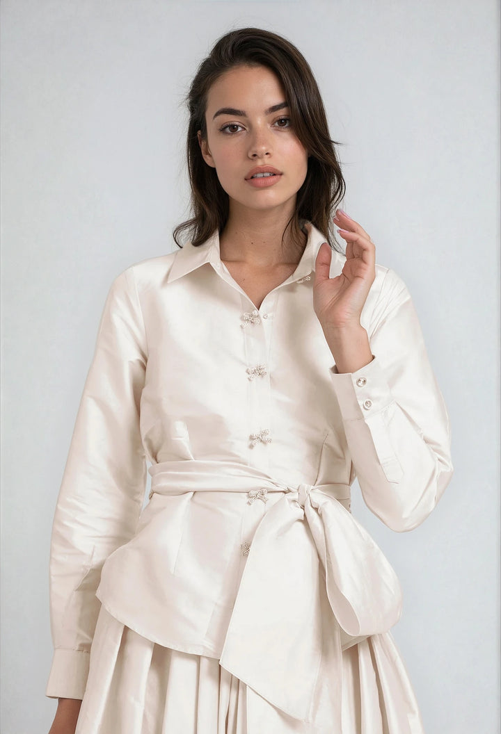 TAFFETA BLOUSE WITH CRYSTAL BOW BUTTONS AND SASH IVORY