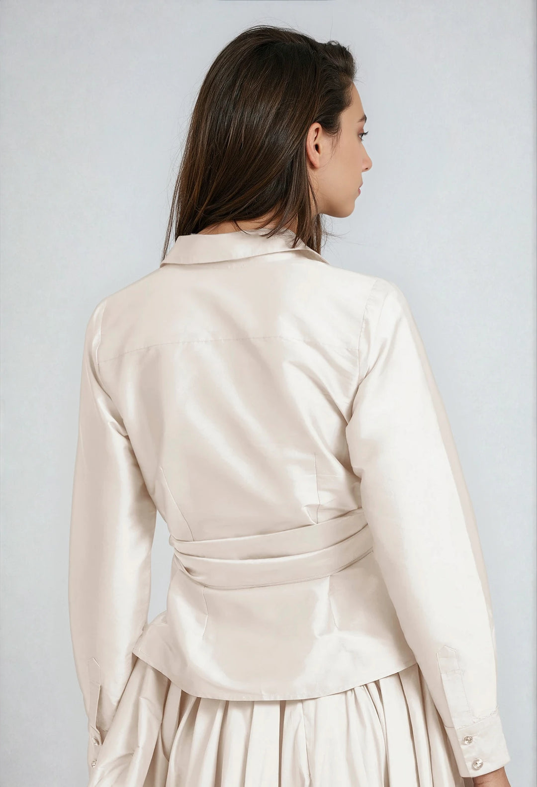 TAFFETA BLOUSE WITH CRYSTAL BOW BUTTONS AND SASH IVORY