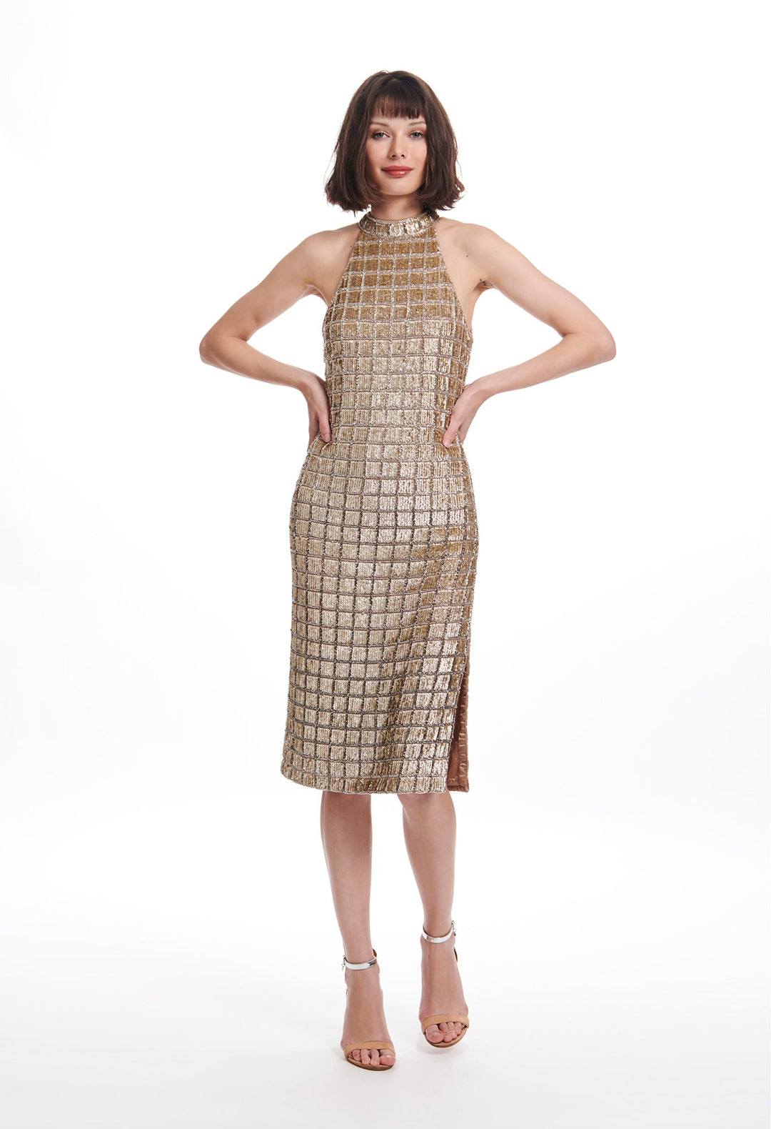 WINDOWPANE SEQUIN MOCK-NECK DRESS GOLD