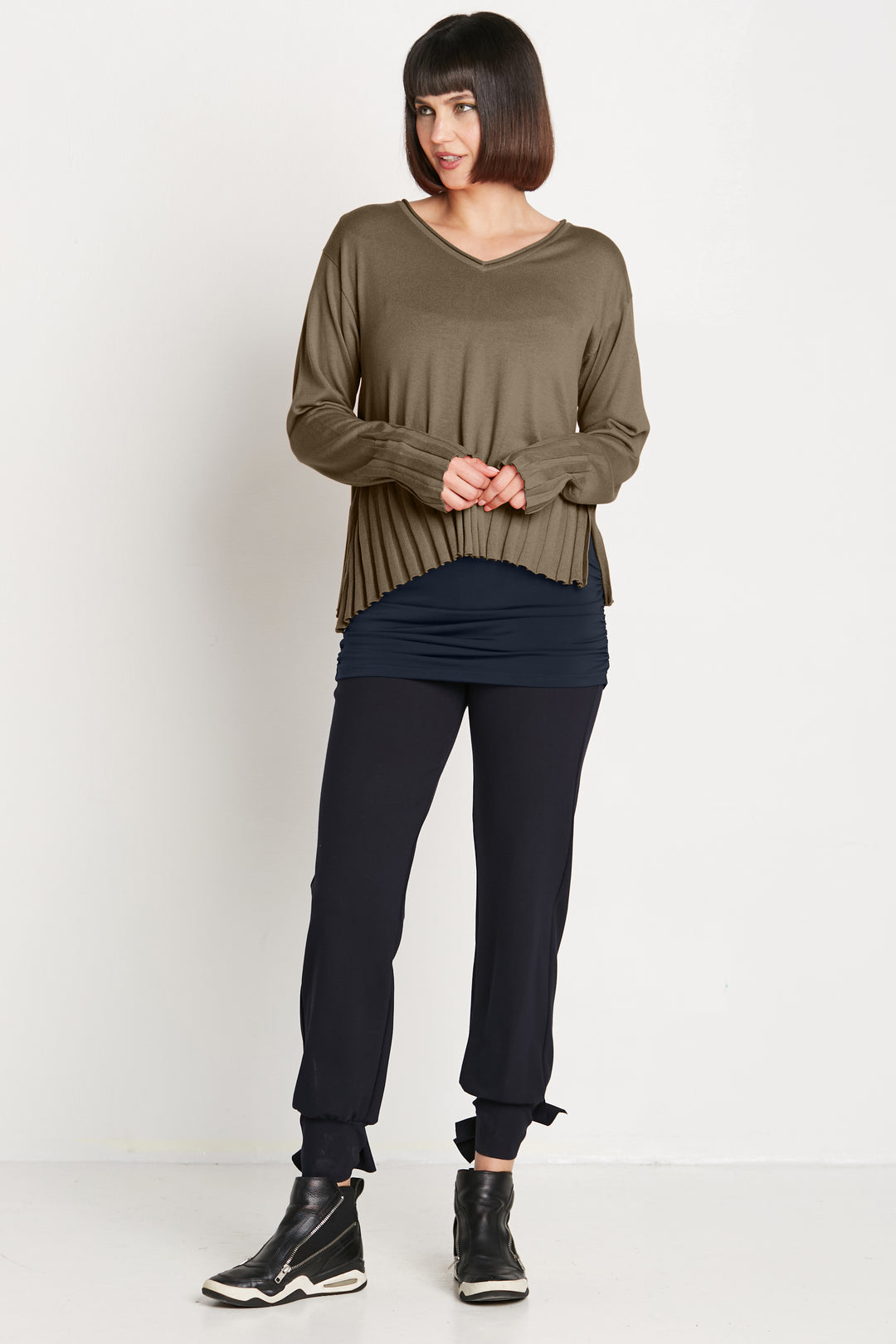 Pima Cotton Cropped V Neck Sweater Loden