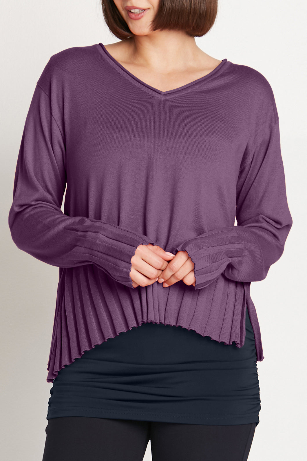 Pima Cotton Cropped V Neck Sweater Plum