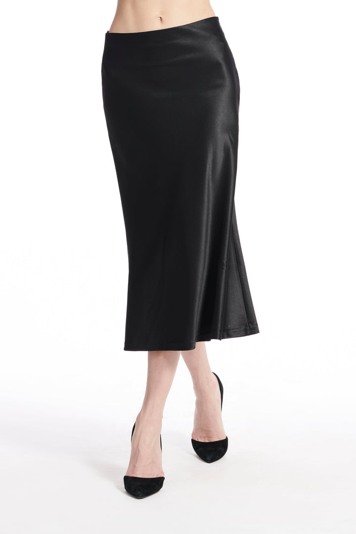 STRETCH SATIN MIDI A-LINE BIAS SKIRT - BLACK