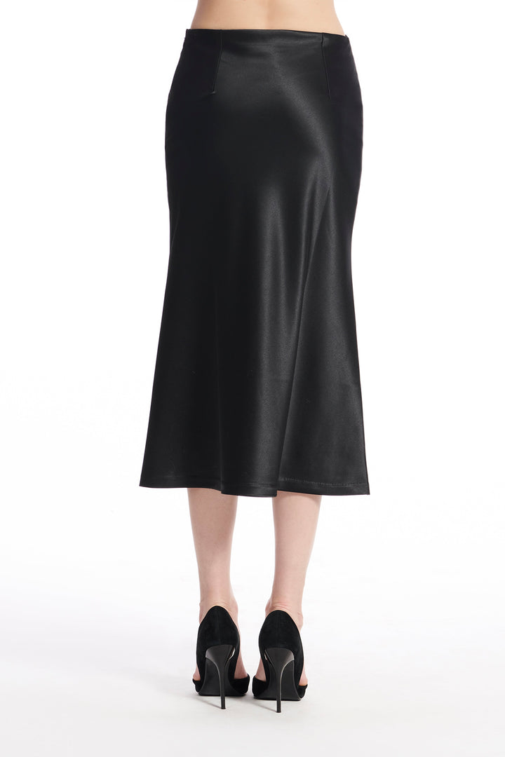STRETCH SATIN MIDI A-LINE BIAS SKIRT - BLACK