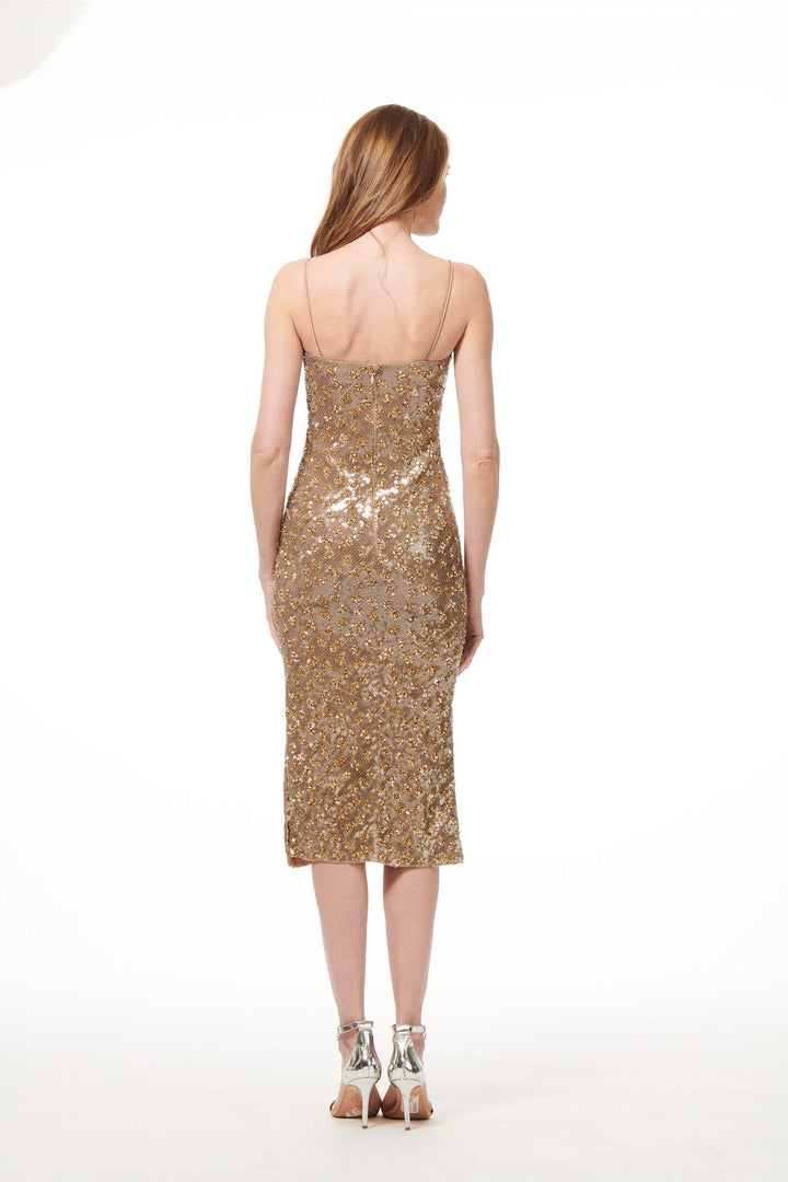 HAND BEADED SOFT METALLIC SLIP DRESS IN SUBTLE ANIMAL