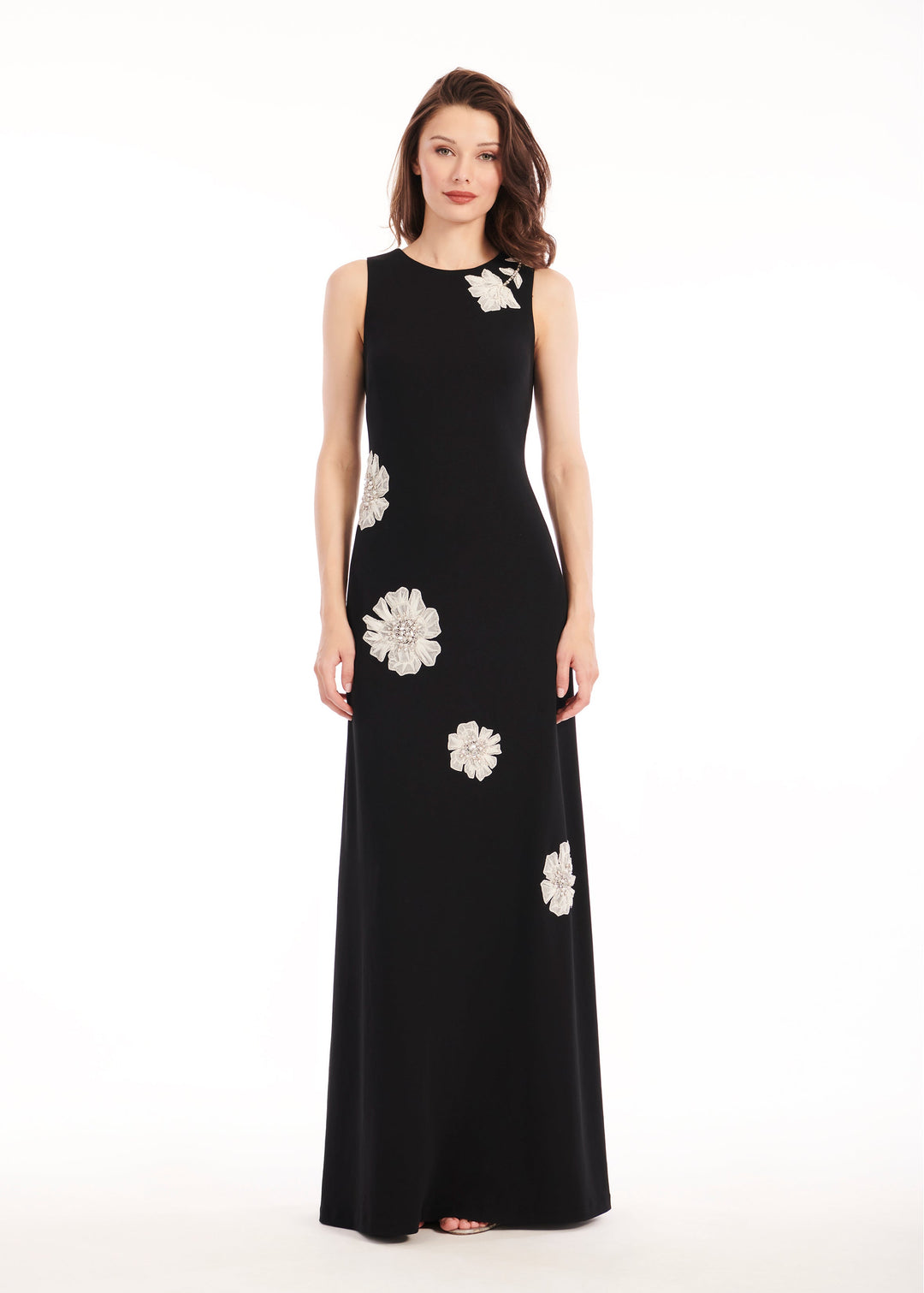 CREPE GOWN WITH APPLIQUE FLOWERS BLACK/ IVORY