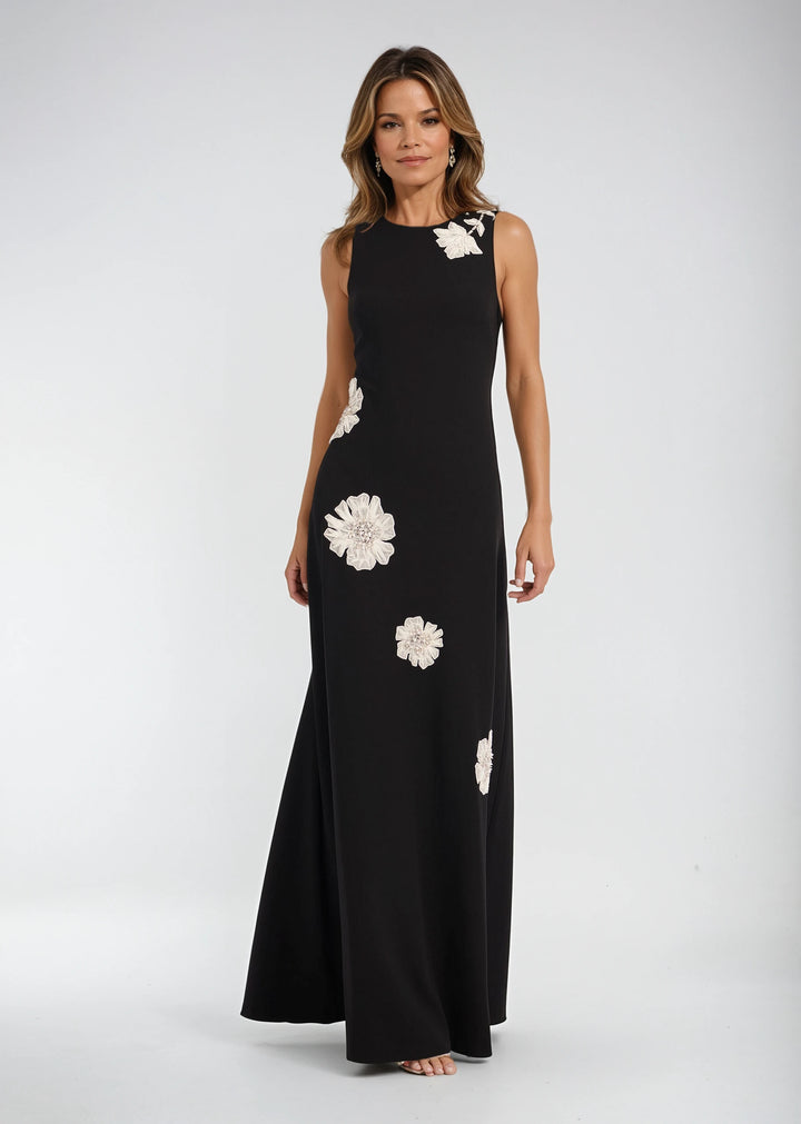 CREPE GOWN WITH APPLIQUE FLOWERS BLACK/ IVORY